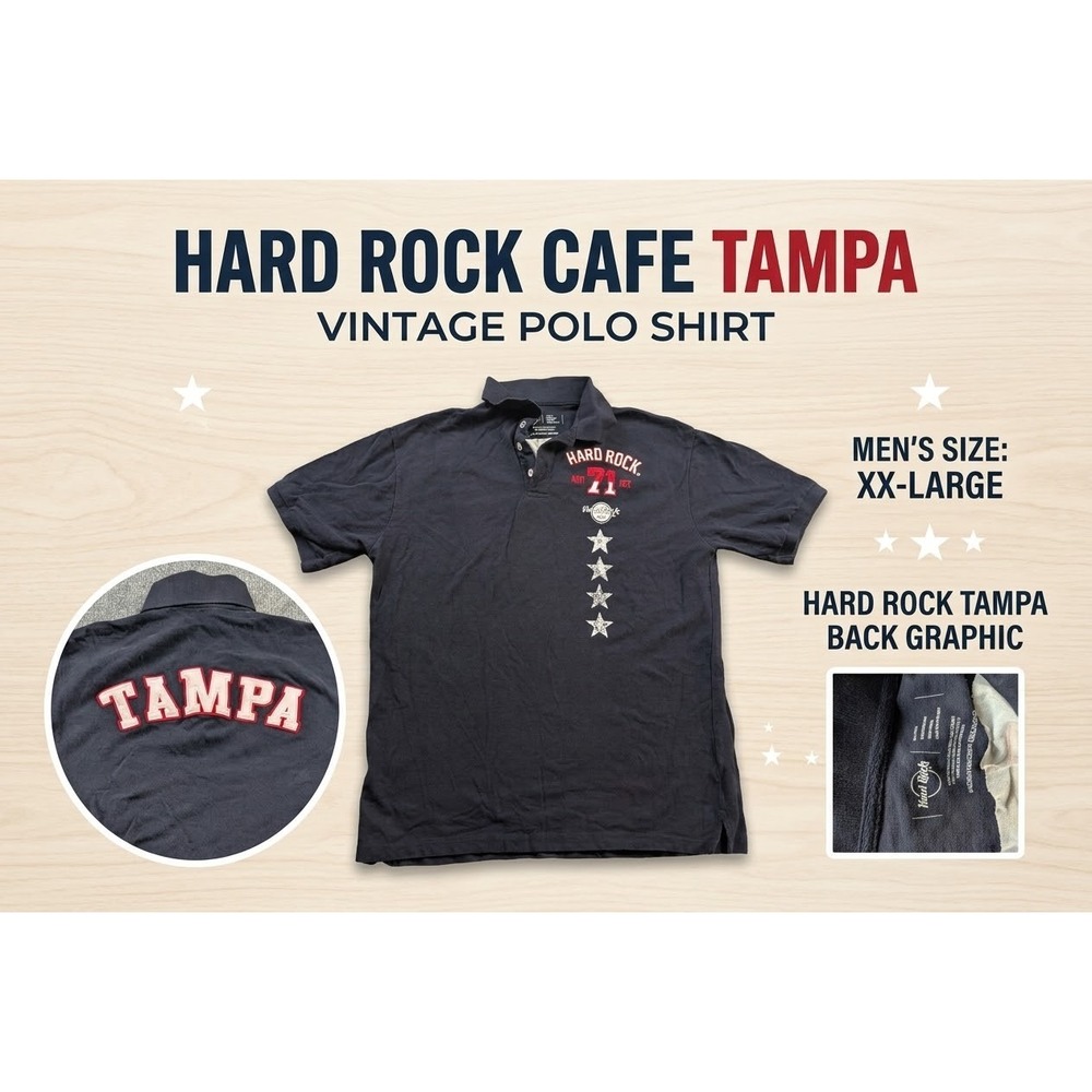 Hard Rock Cafe Polo Shirt XXL Mens Navy Blue Tampa Florida Graphic Spellout 71